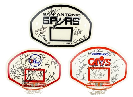 Lot of (3) Team Signed Mini Backboards (Spurs, Cavs, 76ers) Including Signatures of Hall of Famers David Robinson, Charles Barkley, and George Gervin